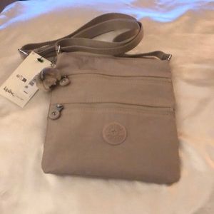 Kipling Keiko Golden TanTonal Nylon Crossbody Bag + Monkey Key Chain NWT